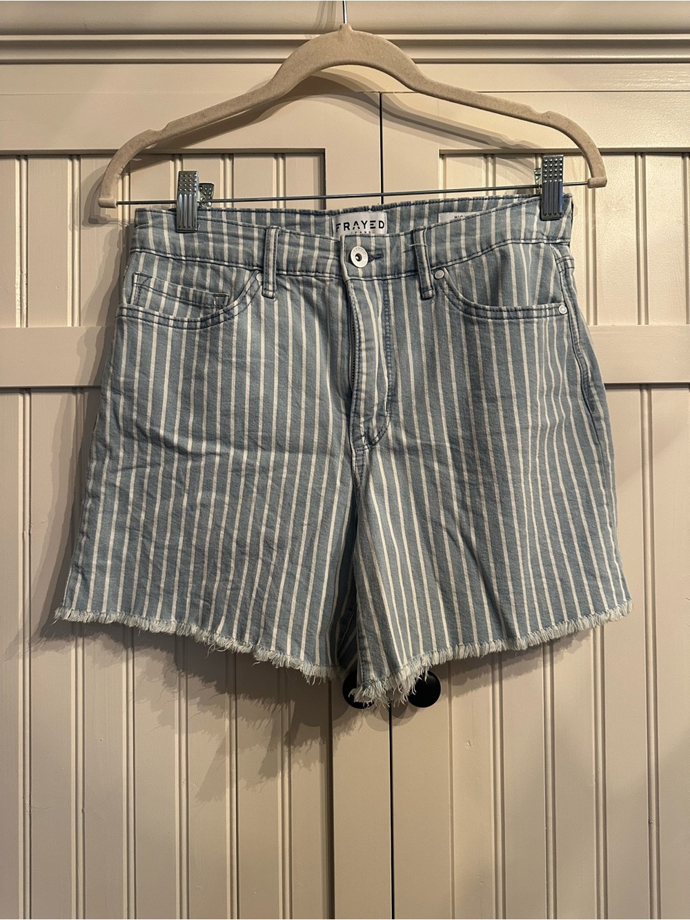 FRAYED Blue and White Striped High Rise Denim Shorts with Frayed Hem 98% Cotton
